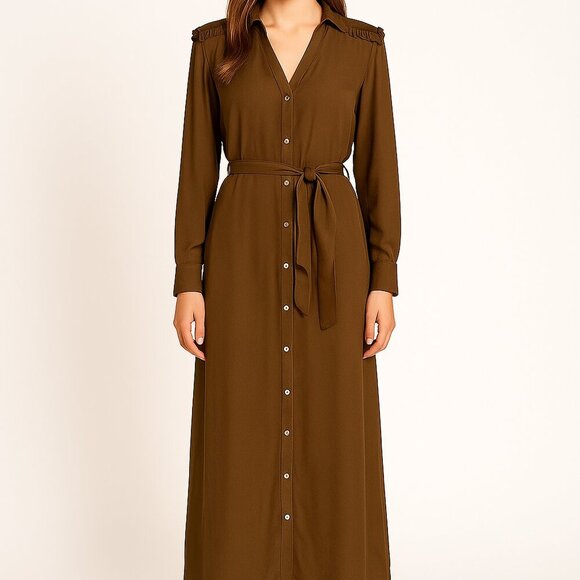 Diega Fringe Boho Dress Button Front Viscose Wool Maxi Self Tie Western Inspired - Picture 11 of 12